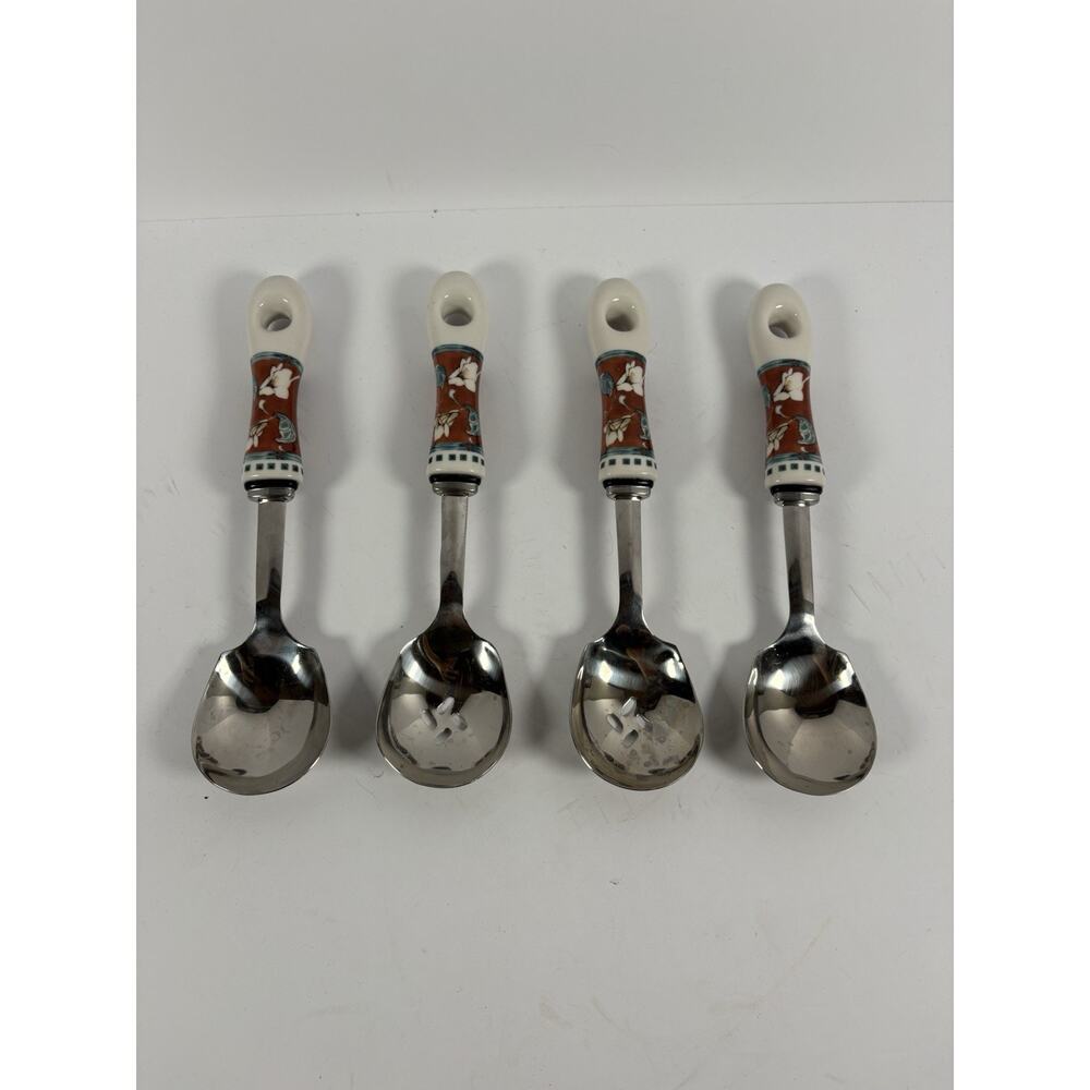 Set 4 Floral Ceramic Handle Stainless Steel Serving Spoons Slotted Utensils